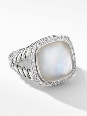 David Yurman Silver Moon Quartz 17mm Albion Pave Diamond Ring - size 7